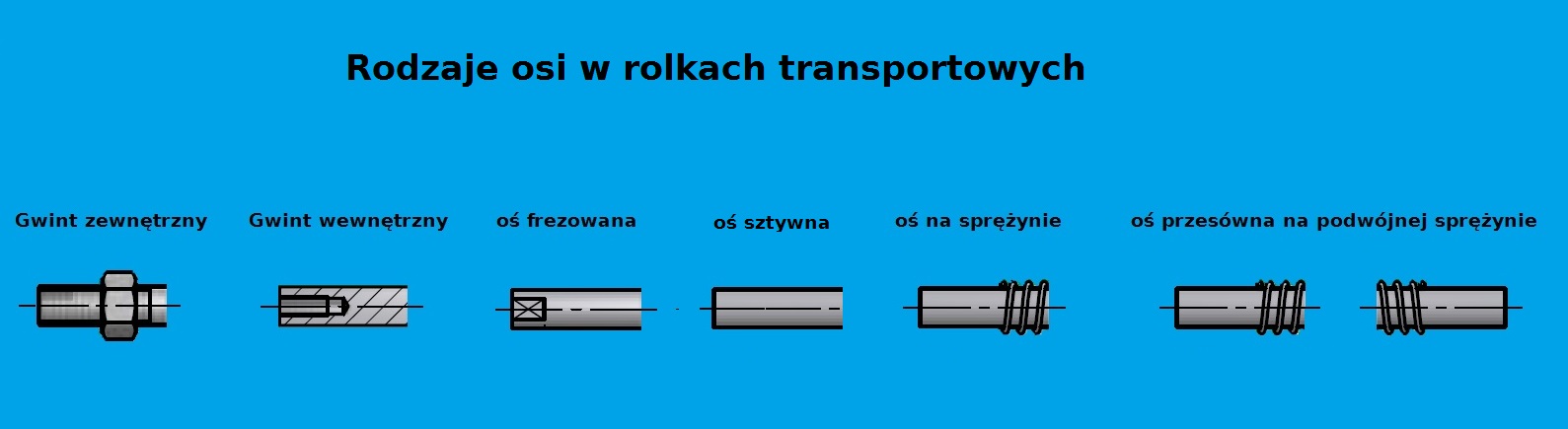 Dostępne osie w niebieskich rolkach transportowych
